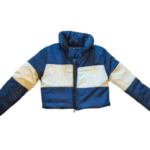I Saw It First Women's Puffer Jacket Blue And Cream Size Small